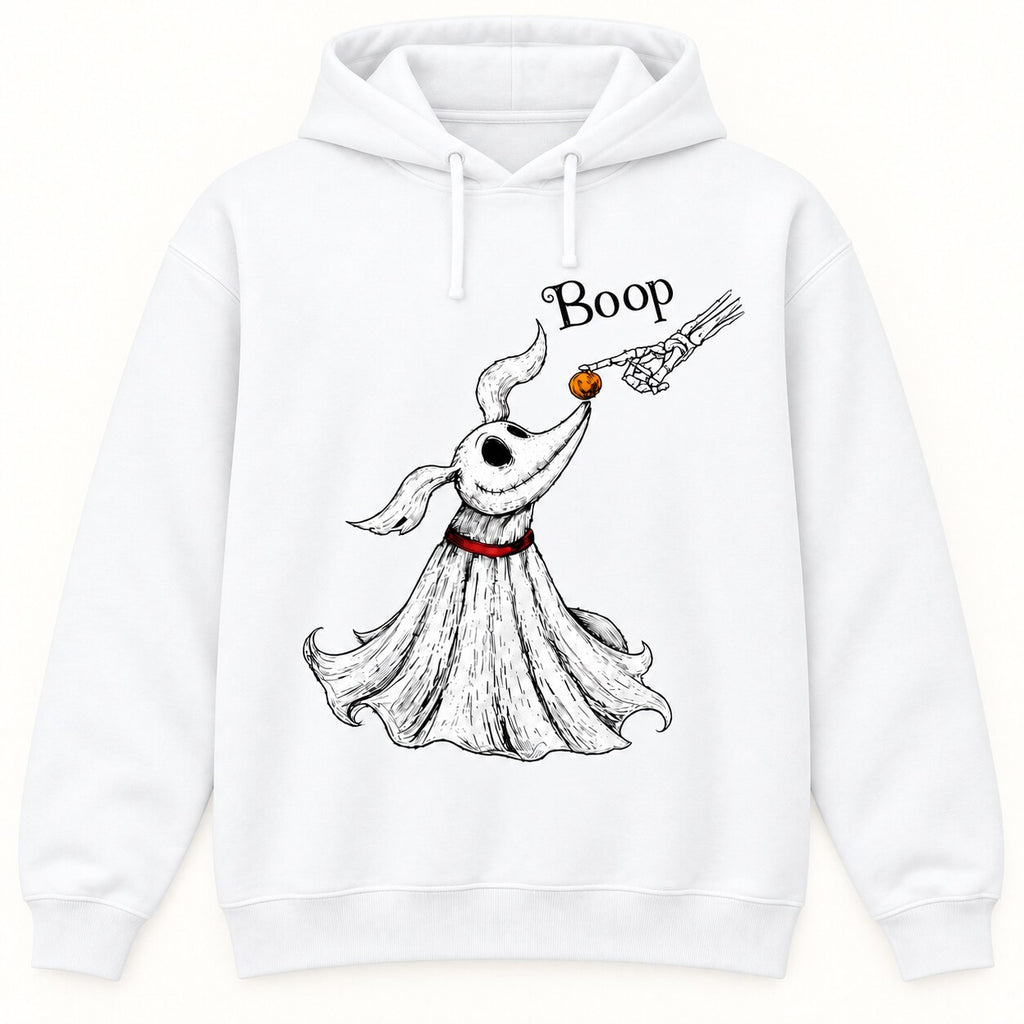 Zero Dog Boop Halloween Graphic T-Shirt, Sweatshirt & Hoodie – Funny Skeleton Hand & Ghost Dog Spooky Season Shirt